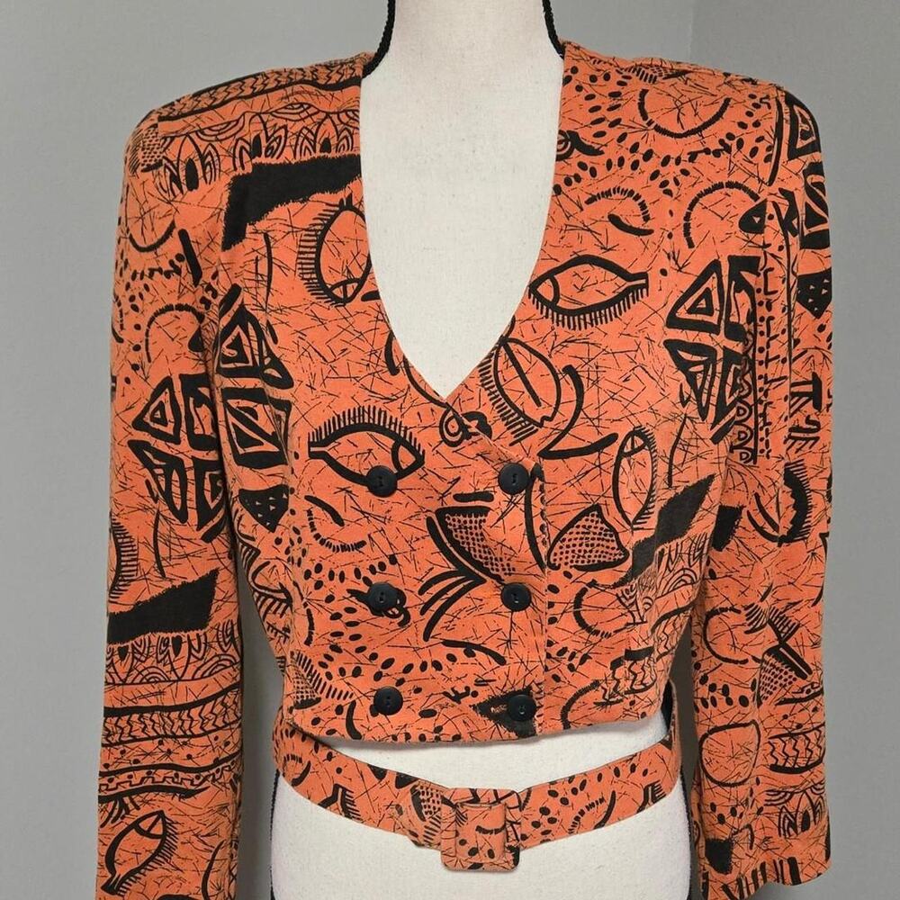 Vintage 90s orange black abstract graphic crop blazer top large